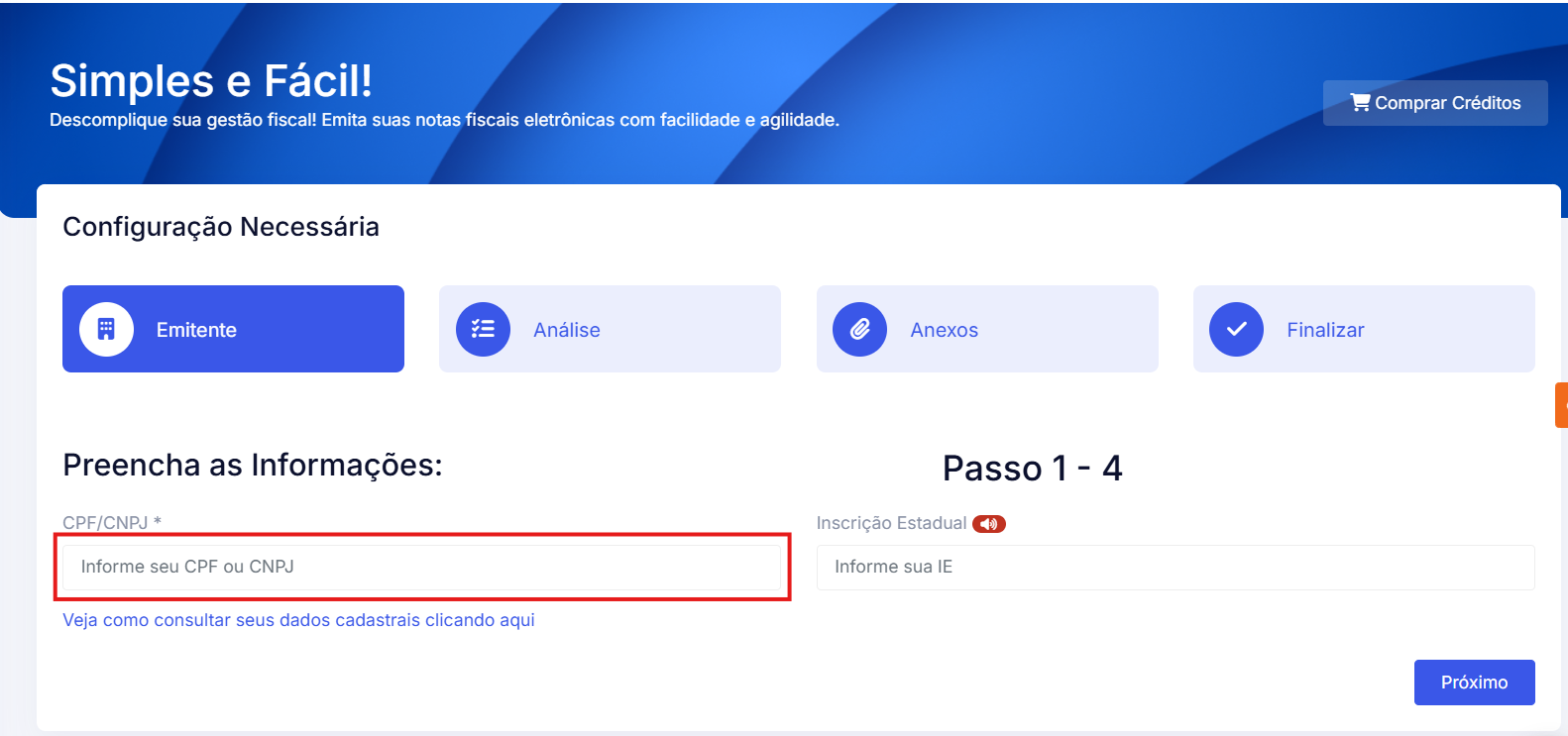 Passo 1 do cadastro de emitente