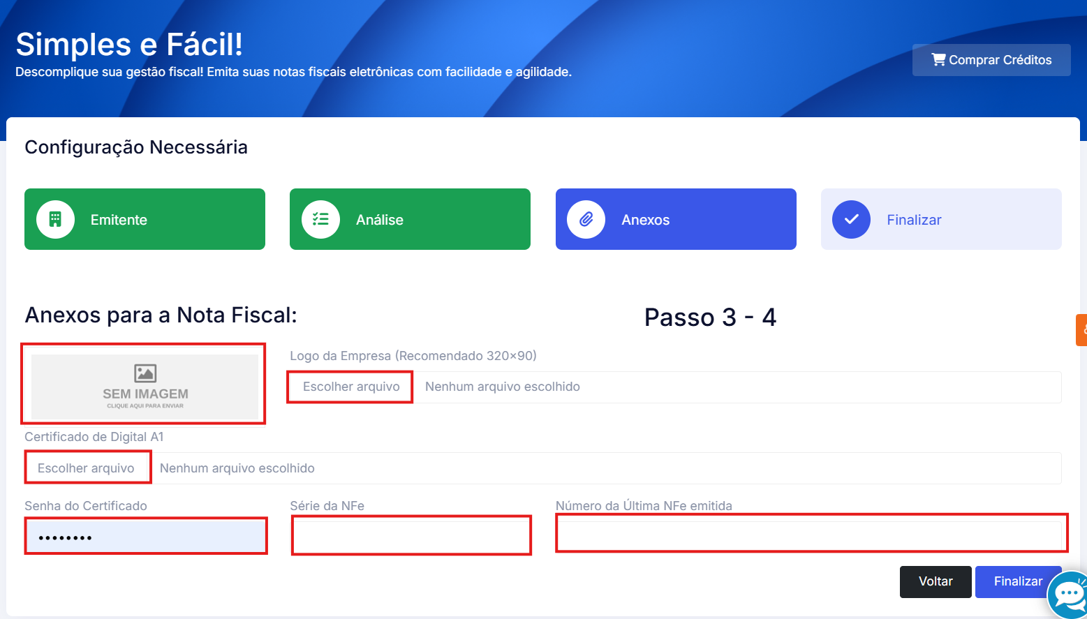 Passo 3, anexos do cadastro de emitente
