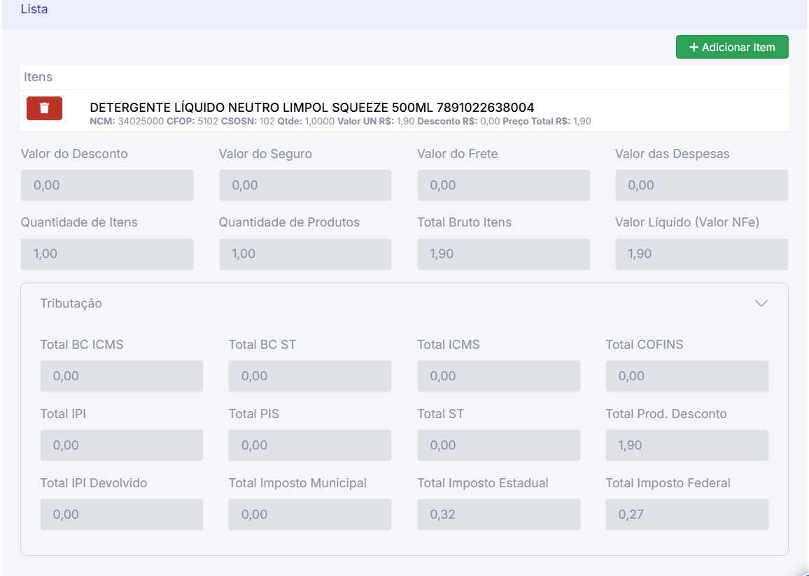 Lista da NF-e após inclusão do produto